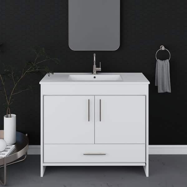 VOLPA USA AMERICAN CRAFTED VANITIES Pacific 40 in. W x 18 in. D x 34 in. H Bath Vanity in White with White Ceramic Vanity Top with White Basin