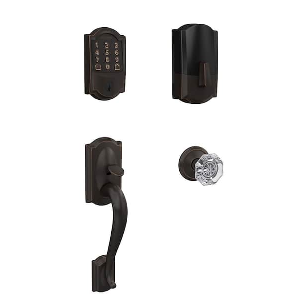 Schlage Camelot Aged Bronze Encode Smart Wi-Fi Deadbolt with Alarm and Custom Entry Door Handle with Camelot Alexandria Knob