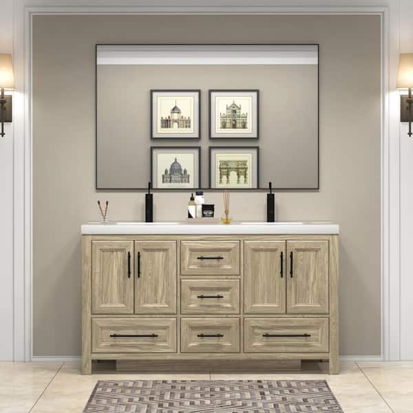 VIV 59 in. W x 20 in. D x 35 in. H Double Sink Freestanding Bath Vanity in Dark French Oak with White Acrylic Top