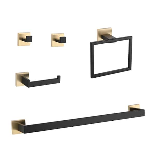 5-Piece Bathroom Hardware Set with Towel Bar, Ring, Hook, Holder and Paper Rack for Home Decor in Gold Matte Black