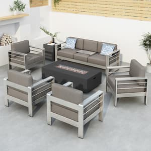 Valentina Dark Grey 7-Piece Aluminum Outdoor Patio Fire Pit Conversation Set with Khaki Cushions