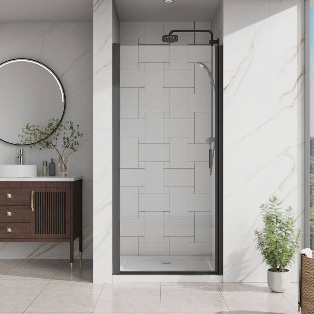 34 in. W x 72 in. H Pivot Semi-Frameless Shower Door with 1/4 inch Clear Tempered Glass in Black price history on PriceWatchPro