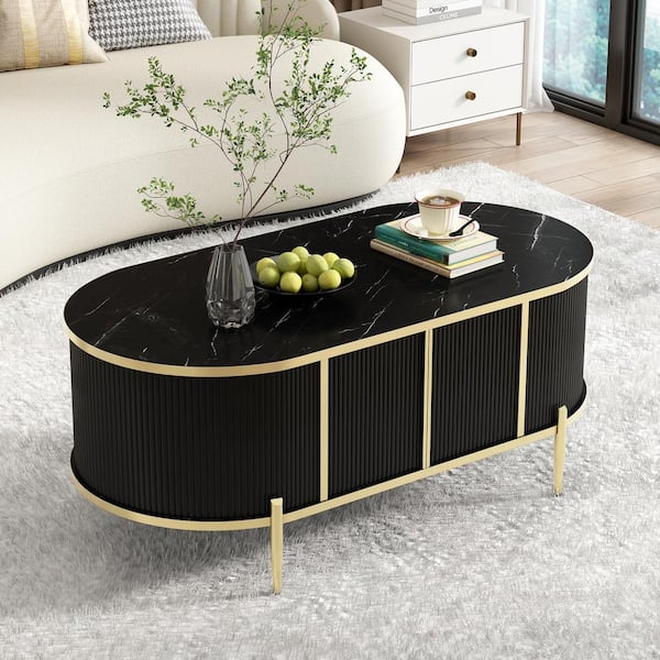 Harper & Bright Designs Modern Luxury 47.2 in. Black Oval MDF Top Oval Shaped Fluted Coffee Table with Cabinets, Metal Legs