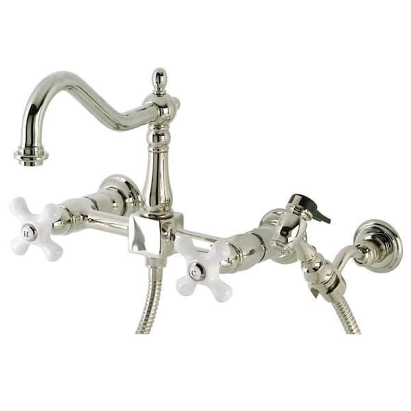 Kingston Brass Heritage 2-Handle Wall Mount Kitchen Faucets with Brass Sprayer in Polished Nickel