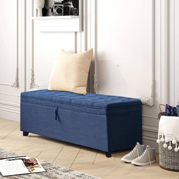 Blue Linen Upholstered Storage Ottoman Bedroom Bench w/Flip Top and Padded Seat, Without Back