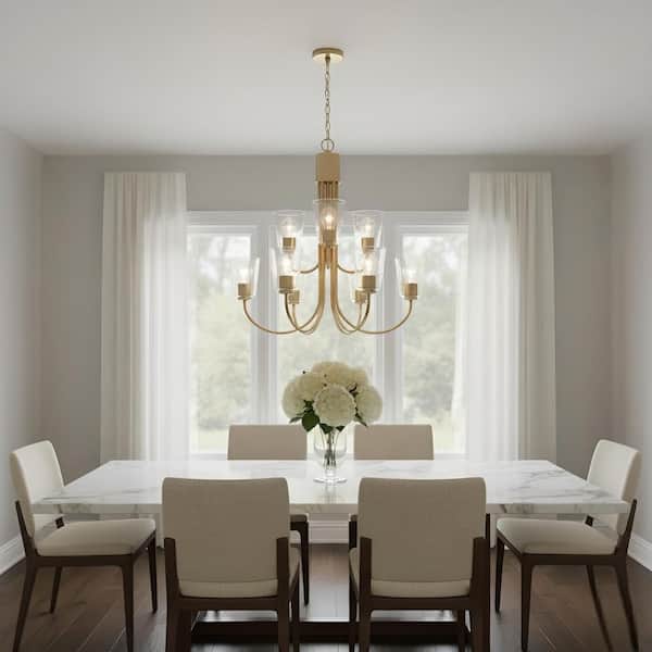 Miles 9-Light Satin Brass with Clear Glass Shades Transitional Dimmable Chandelier