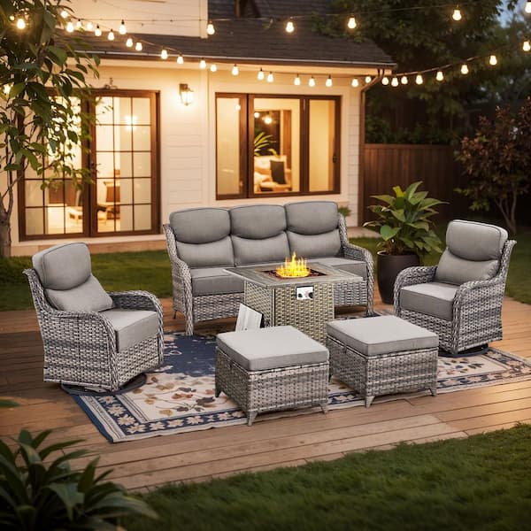Holion 6-Piece Patio Conversation Sets with Fire Pit Table, Wicker Outdoor Glider Chairs Patio Sofa with Gray Cushions