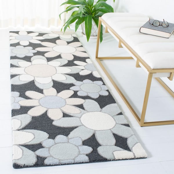 Kids 3 ft. x 8 ft. Charcoal/Ivory Oversized Floral Runner Rug