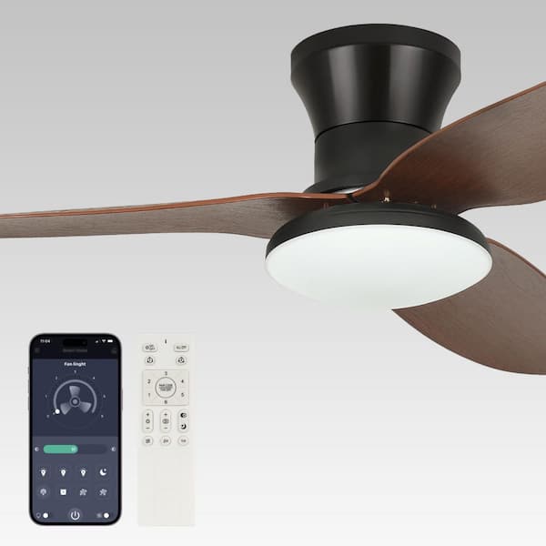 40 in. Smart Indoor Black Wood Low Profile Standard Ceiling Fan with Bright White Integrated LED with Remote for Bedroom
