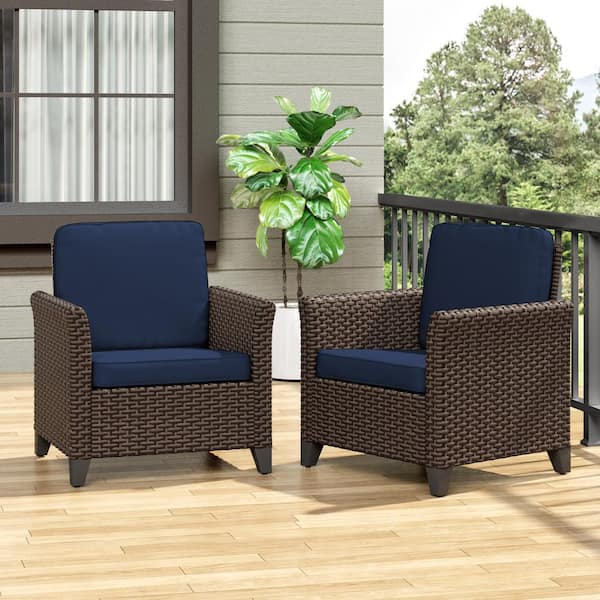 2-Piece Outdoor Patio Wicker Lounge Chair with Blue Cushions