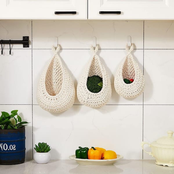 3-Piece Hanging Wall Fruit Basket, Teardrop Hanging Basket, Bohemian Storage, Wall Basket in White