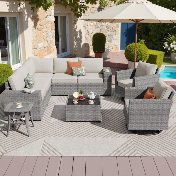 OVIOS Bissty Gray 9-Piece Wicker Wide Arm Patio Conversation Set with Beige Cushions and Swivel Rocking Chairs