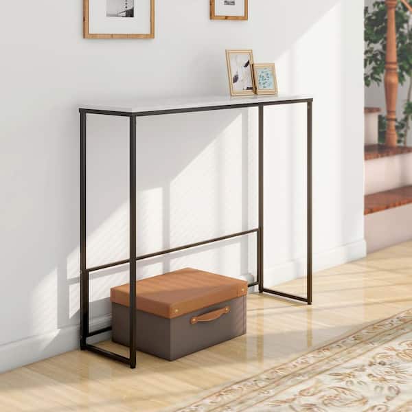 Maypex 36 in. L x  10 in. W White Rectangle Shape Quartz Stone Table Top Narrow Console Table with Black Metal Sled Base
