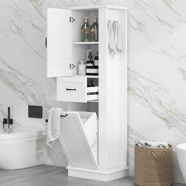 White 67.8 in. H Tall Storage Cabinet with Tilt-Out Compartment, Drawer, Adjustable Shelves