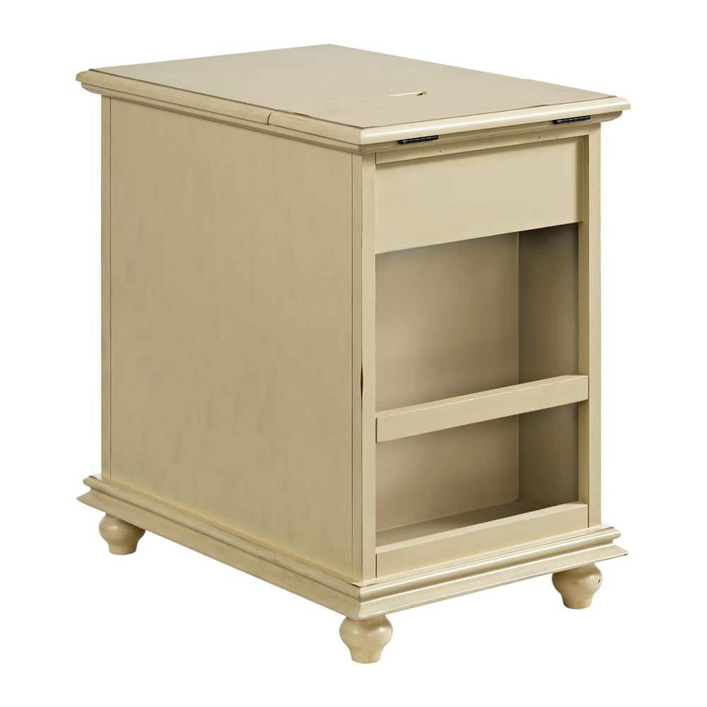 Antique White Elegant Chairside Table with Power Outlets and USB Ports