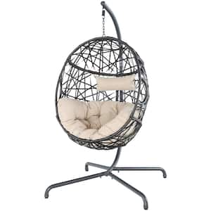 Wicker Outdoor Chair Patio Egg Hanging Hammock Chair with Beige Cushion and Stand