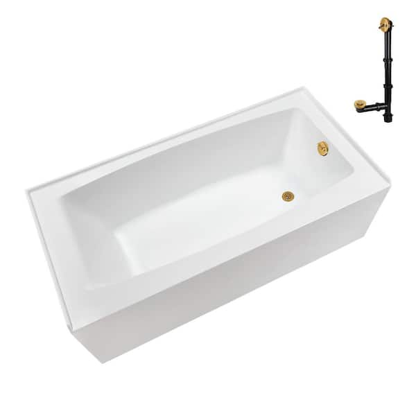 Streamline 60 in. x 30 in. Soaking Acrylic Alcove Bathtub with Right Drain in Glossy White, External Drain in Brushed Gold