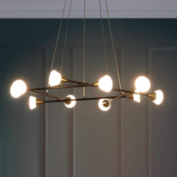 28 in. 10-Light Integrated LED Brass Sputnik Chandelier, Modern Black Pendant Light, Round Hanging Light Fixture