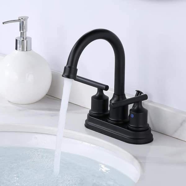 4 in. Centerset Double Handle High Arc Bathroom Faucet with Drain Kit Included in Matte Black