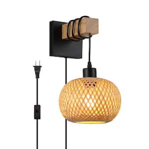 Industrial 7.87 in. Bamboo 1-Light Wood Base Basket Plug in Wall Sconces, Rustic Adjustable Height Pulley Wall Lamp