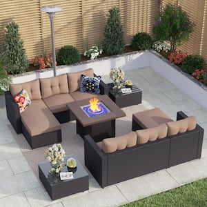 Black Rattan Wicker 6 Seat 7-Piece Steel Outdoor Fire Pit Patio Set with Beige Cushions and Square Fire Pit Table