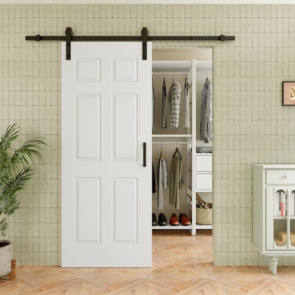 36 in. x 80 in. White Primed 6-Panel Blank Solid Core Composite MDF Sliding Barn Door with Hardware Kit and Soft Close
