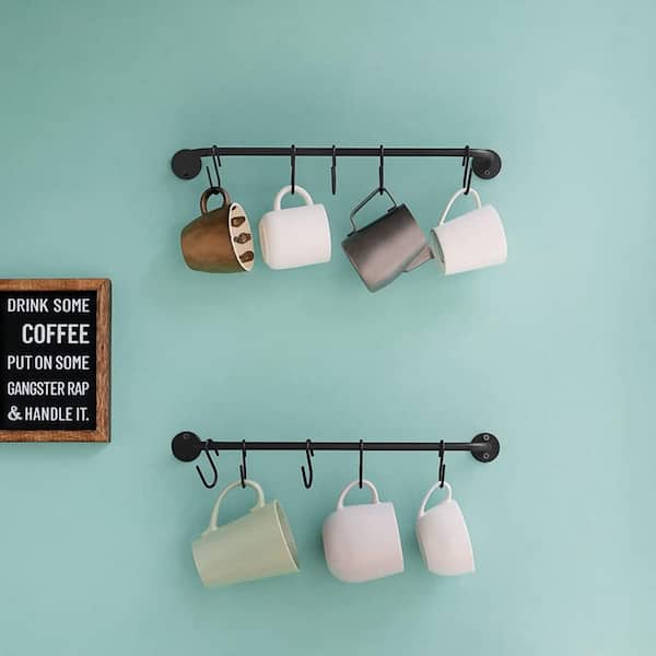 Numhew 2-Pack 17 in. Black Wall Mounted Mug Holder with 10-Mug Hook, Coffee Cup Rack Hanger, Tea Cups Storage Organizer