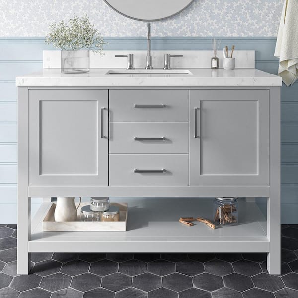 ARIEL Bayhill 48.25 in. W x 22 in. D x 36 in. H Single Sink Freestanding Bath Vanity in Grey with Man-Made Stone Top