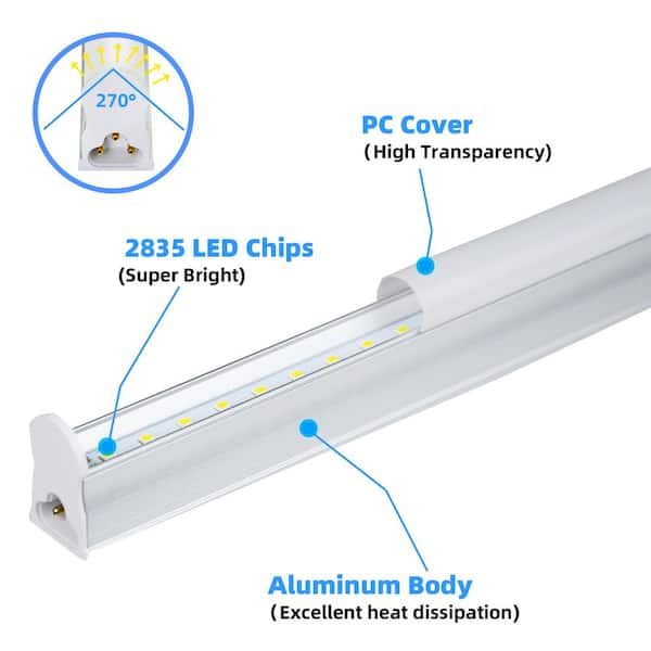 WYZM 4 ft. 80-Watt Equivalent LED White T5 5000K ETL Listed, Linkable,Ofiice Garage Shop Light 2200 Lumens(6-Pack)