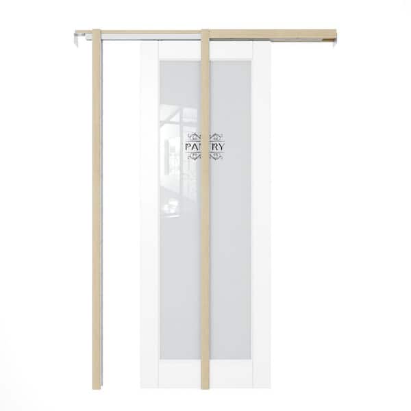 26 in. x 80 in. 1-Lite Frosted Glass White Primed Wood Pocket Door with Hardware (Soft Close and Pantry Sticker-B Incl)