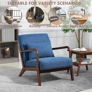 Comfy Mid-Century Modern Blue Velvet Upholstered Living Room Accent Chair, Wood Frame Arm Chair with Waist Cushion