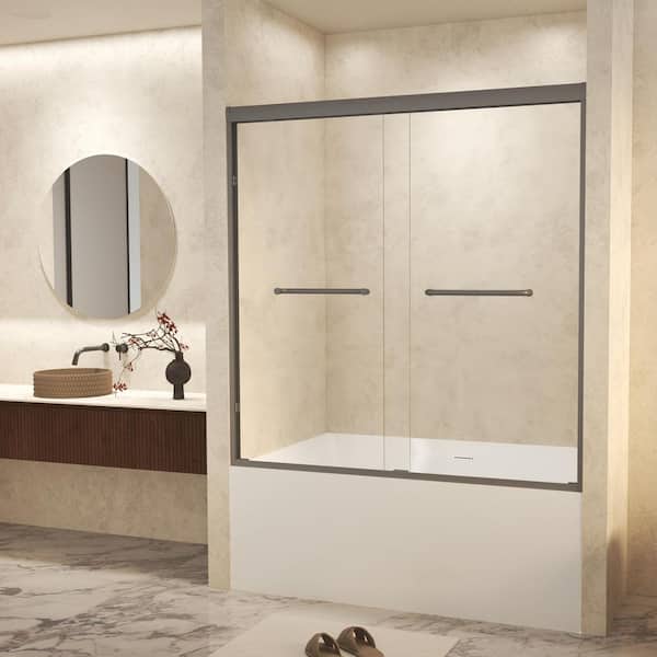 56 in.-60 in. W x 60 in. H Double Sliding Framed Shower Door in Gun Ash with 1/4 in. (6 mm) Clear Tempered Glass