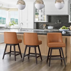 Zoi 26 in. Wood 360 Free Swivel Upholstered Bar Stool with Back, Performance Fabric in PU Brown. (Set of 3)