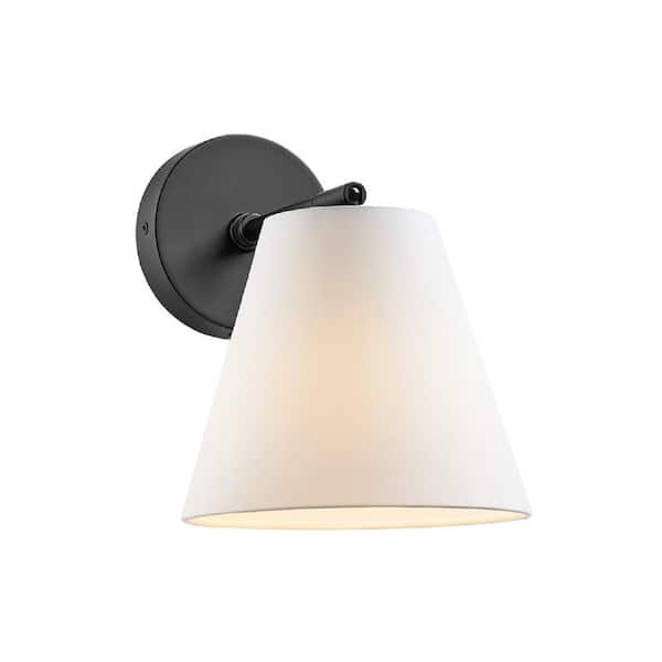 TUXEDO PARK LIGHTING 8 in. W x 10 in. H 1-Light Matte Black Transitional Wall Sconce with White Fabric Shade (Set of 2)