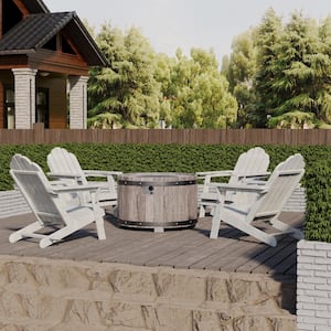 36 in. 5-Piece Metal Patio Fire Pit Set Fire Pit Table and White Adirondack Chairs with Cup Holder and Umbrella Holder