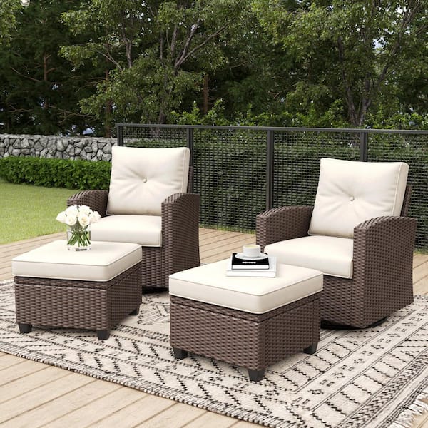 4-Piece Wicker Outdoor Swivel Outdoor Rocking Chair Set Patio Conversation Set with Beige Cushions