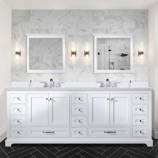 Lexora Dukes 84 in. W x 22 in. D White Double Bath Vanity, White Quartz Top, and 34 in. Mirrors