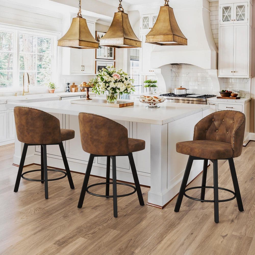 Arturo 26 in.Brown Faux Leather Upholstered Swivel Bar Stool with Metal Frame Nailhead Counter Barstool Set of 3 price history on PriceWatchPro