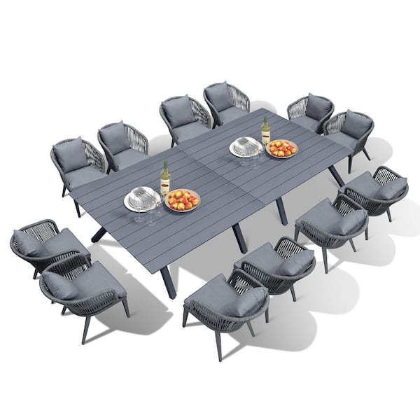 14-Piece All-Weather Wicker Outdoor Dining Set with Square Table All Aluminum and Grey Cushions for Garden Backyard Deck