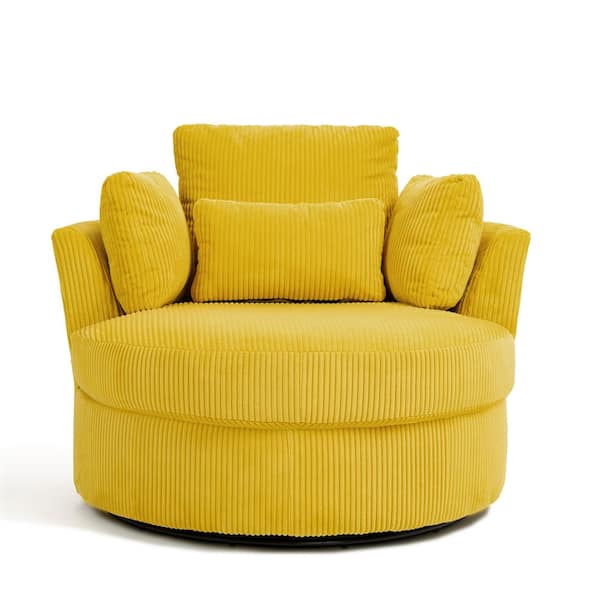 Mustard Yellow Corduroy Fabric Upholstered 360° Swivel Accent Barrel Chair with Pillows (Set of 1)