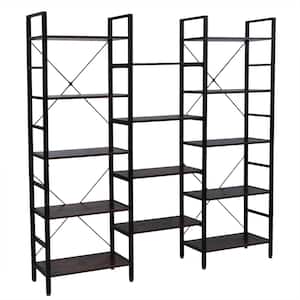 Triple Wide 70 in. Black Wood 5-Shelf Standard Bookcase with Large Shelves