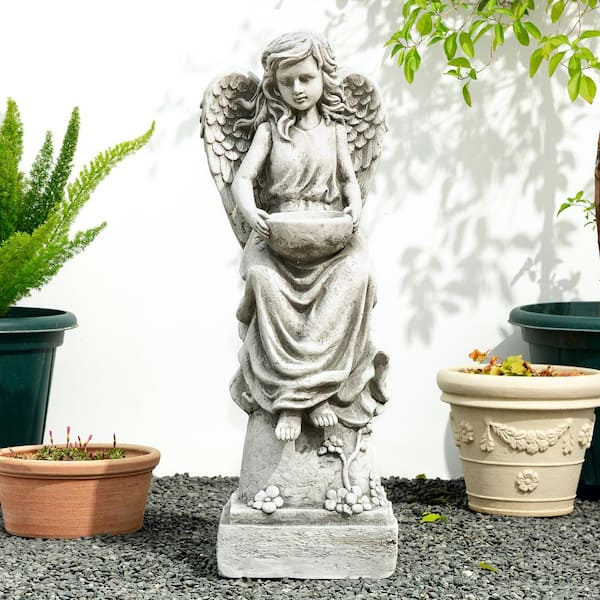 Glitzhome 31.25H MGO Angel Garden Statue with A Birdbath