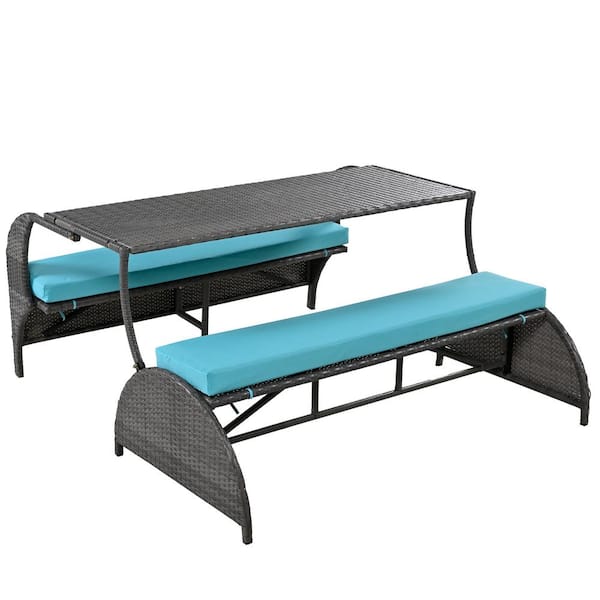 Harper & Bright Designs Multi-Functional Gray Wicker Outdoor Loveseat with Blue Cushions - Converts to Four Seats and a Table