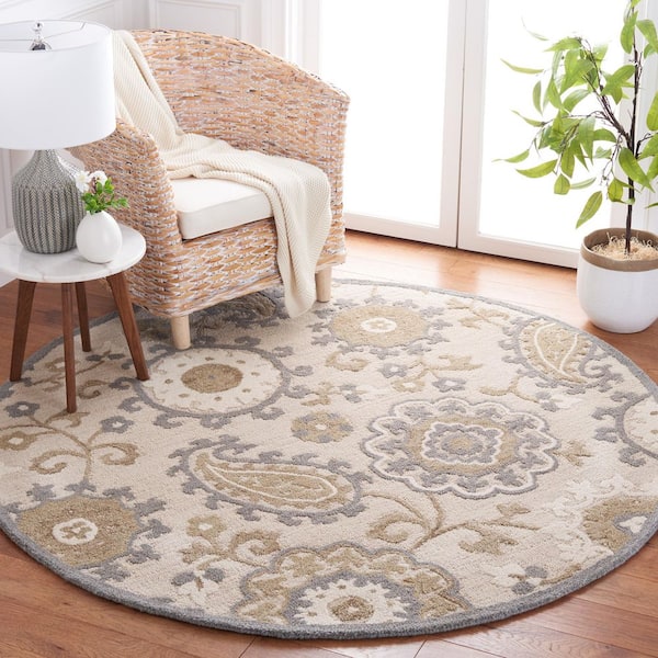 Blossom 6 ft. x 6 ft. Gray/Beige Paisley Floral Round Area Rug