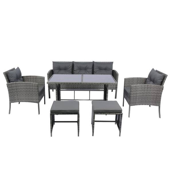 Unbranded 6 Piece Wicker Outdoor Patio Sofa Set, Backyard Conversation Set, Sectional Set with Dark Gray Cushions Garden Balcony
