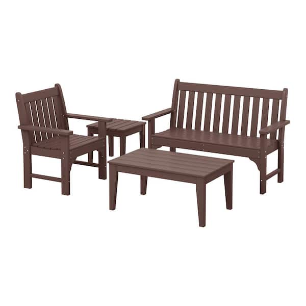 Laguna Outdoor Patio HDPE All Weather Dark Brown 4-Piece Garden Arm Chair, Bench and Coffee Table Porch Set