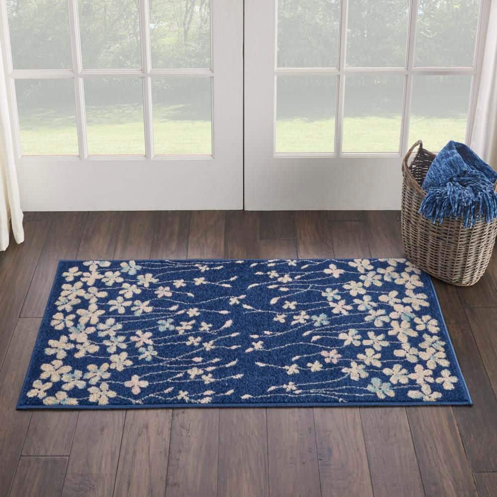 Navy Floral Whisper Rectangular Viscose 2' x 4' Area Rug