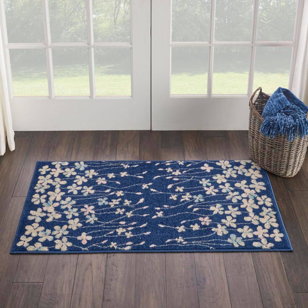 Navy Floral Whisper Rectangular Viscose 2' x 4' Area Rug