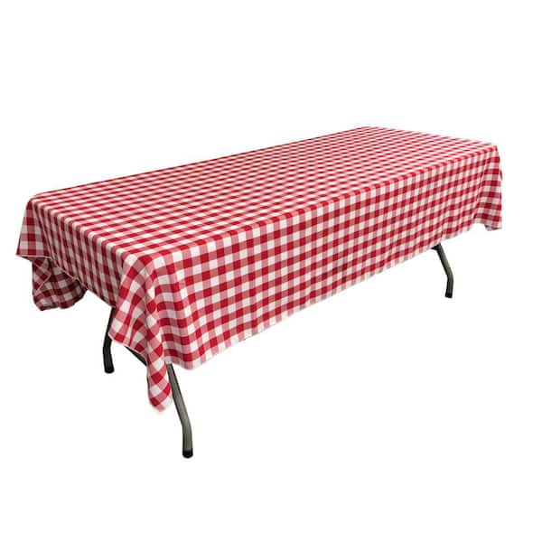 60 in. x 108 in. White and Red Polyester Gingham Checkered Rectangular Tablecloth