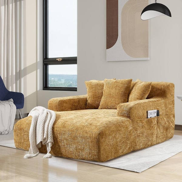 Modern Yellow Chenille Upholstery Oversized Chaise Lounge Chair Full Foam Comfy Lazy Sofa Couch with 3 Throw Pillows